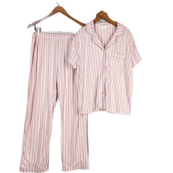 Laura Ashley Pink Stripe Knit Pajamas SZ M Button Front Contrasting Trim - Picture 1 of 14